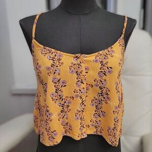 Monk & Lou saffron yellow floral print button front ruffle crop tank